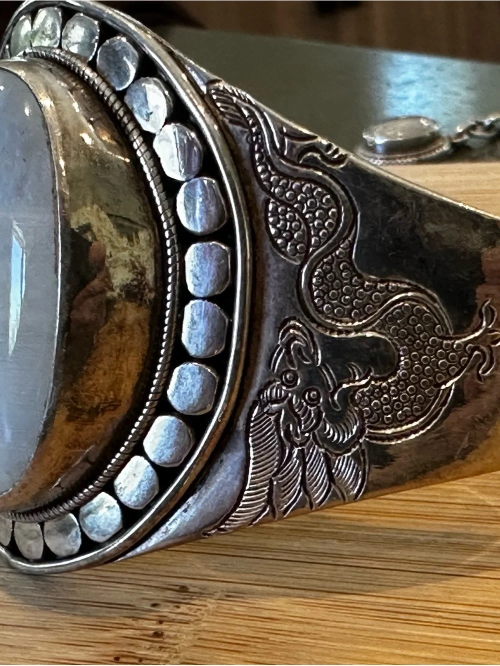 Handmade Rainbow Moonstone Sterling Silver Dragon Cuff Bracelet- Gypsy Jewel